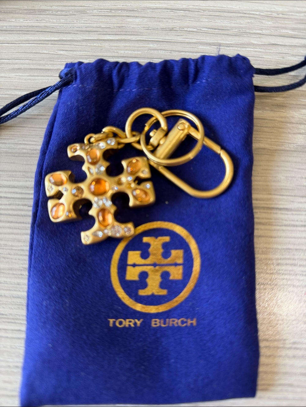 New Tory Burch Gold-Tone Logo Key Ring with Amber Enamel Accents